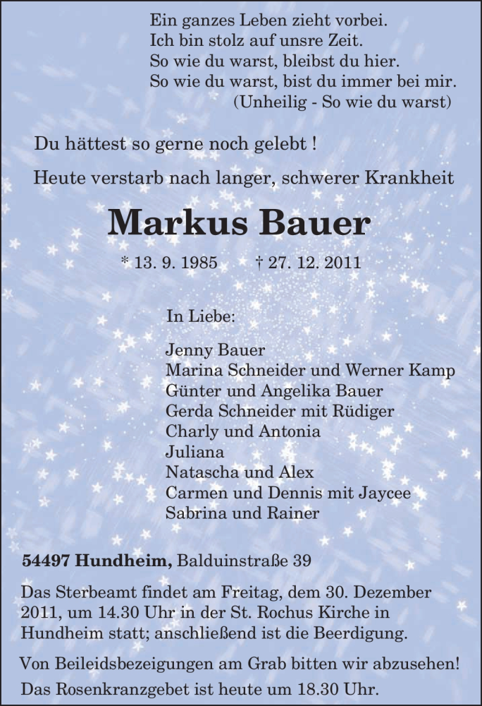  Traueranzeige für Markus Bauer vom 29.12.2011 aus TRIERISCHER VOLKSFREUND