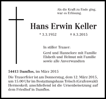 Traueranzeige von Hans Erwin Keller von trierischer_volksfreund
