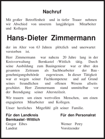 Traueranzeige von Hans-Dieter Zimmermann von TRIERISCHER VOLKSFREUND