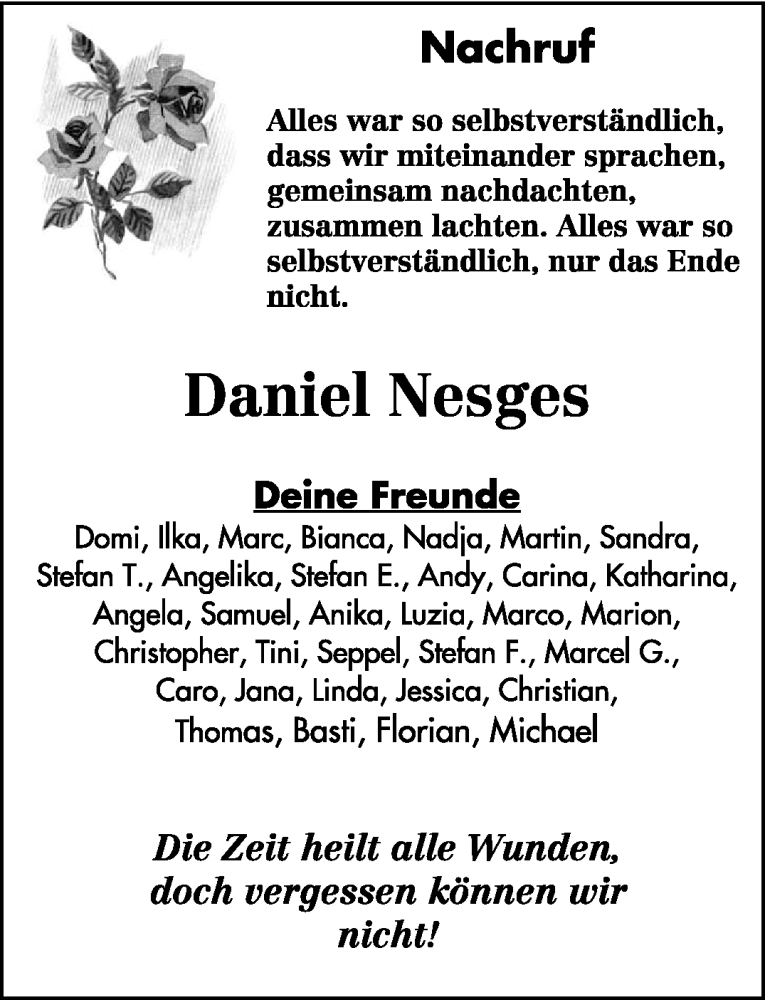 Traueranzeige für Daniel Nesges vom 27.05.2009 aus TRIERISCHER VOLKSFREUND