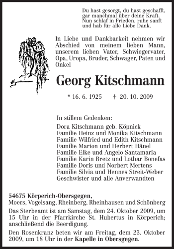 Traueranzeige von Georg Kitschmann von TRIERISCHER VOLKSFREUND