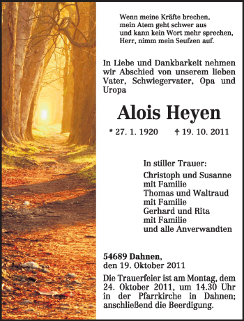 Traueranzeige von Alois Heyen von TRIERISCHER VOLKSFREUND