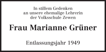 Traueranzeige von Marianne Grüner von TRIERISCHER VOLKSFREUND