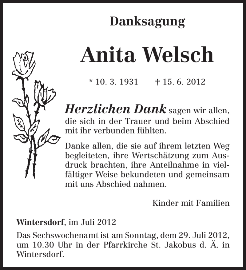  Traueranzeige für Anita Welsch vom 25.07.2012 aus TRIERISCHER VOLKSFREUND