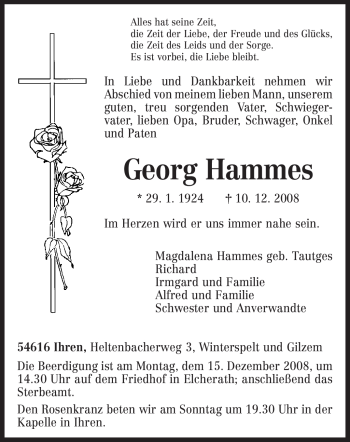 Traueranzeige von Georg Hammes von TRIERISCHER VOLKSFREUND