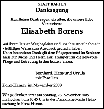 Traueranzeige von Elisabeth Borens von TRIERISCHER VOLKSFREUND