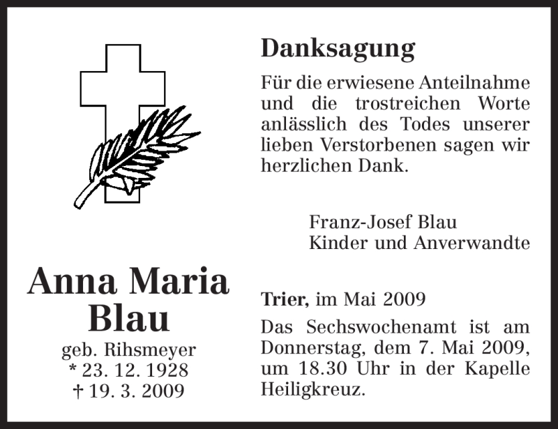  Traueranzeige für Anna Maria Blau vom 02.05.2009 aus TRIERISCHER VOLKSFREUND