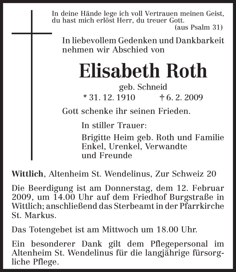  Traueranzeige für Elisabeth Roth vom 09.02.2009 aus TRIERISCHER VOLKSFREUND