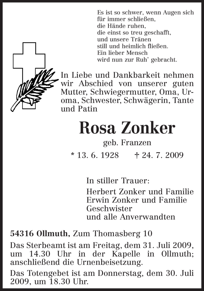  Traueranzeige für Rosa Zonker vom 28.07.2009 aus TRIERISCHER VOLKSFREUND