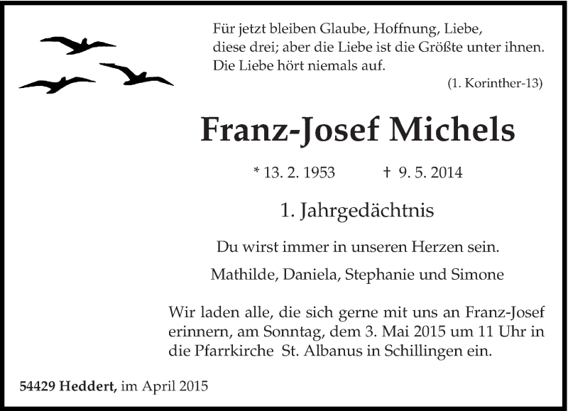  Traueranzeige für Franz-Josef Michels vom 25.04.2015 aus trierischer_volksfreund