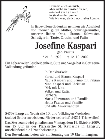 Traueranzeige von Josefine Kaspari von TRIERISCHER VOLKSFREUND