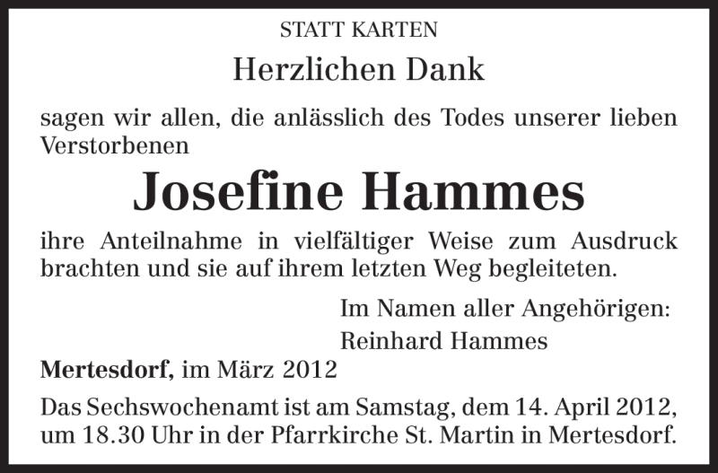  Traueranzeige für Josefine Hammes vom 31.03.2012 aus TRIERISCHER VOLKSFREUND