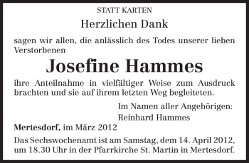 Traueranzeige von Josefine Hammes von TRIERISCHER VOLKSFREUND