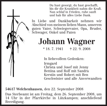 Traueranzeige von Johann Wagner von TRIERISCHER VOLKSFREUND