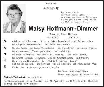 Traueranzeige von Maisy Hoffmann-Dimmer von TRIERISCHER VOLKSFREUND