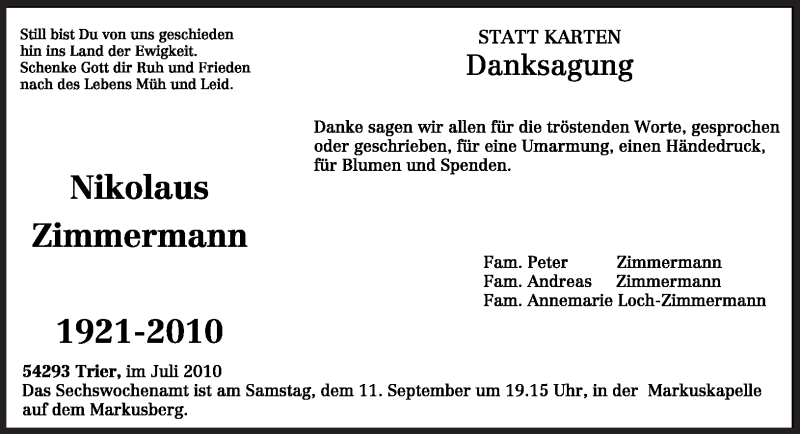  Traueranzeige für Nikolaus Zimmermann vom 08.09.2010 aus TRIERISCHER VOLKSFREUND
