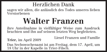 Traueranzeige von Walter Franzen von TRIERISCHER VOLKSFREUND