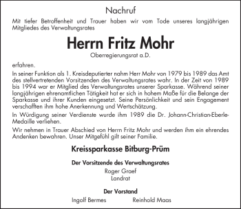 Traueranzeige von Fritz Mohr von TRIERISCHER VOLKSFREUND