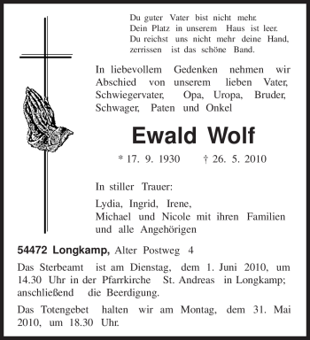 Traueranzeige von Ewald Wolf von TRIERISCHER VOLKSFREUND