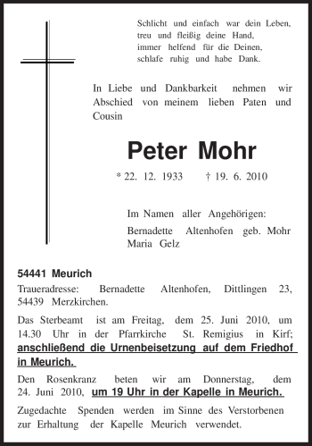 Traueranzeige von Peter Mohr von TRIERISCHER VOLKSFREUND