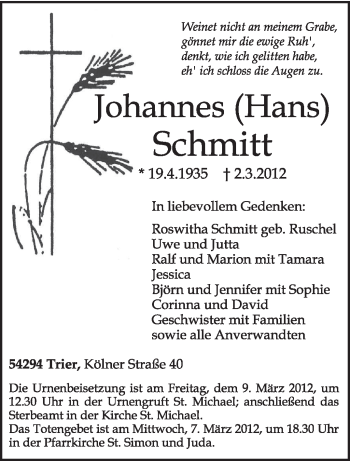 Traueranzeige von Johannes Schmitz von TRIERISCHER VOLKSFREUND