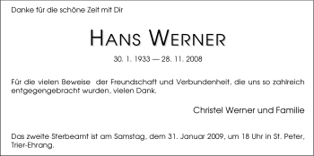 Traueranzeige von Hans Werner von TRIERISCHER VOLKSFREUND