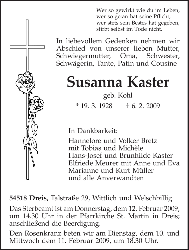 Traueranzeige für Susanna Kaster vom 09.02.2009 aus TRIERISCHER VOLKSFREUND