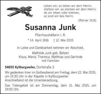 Traueranzeige von Susanna Junk von trierischer_volksfreund
