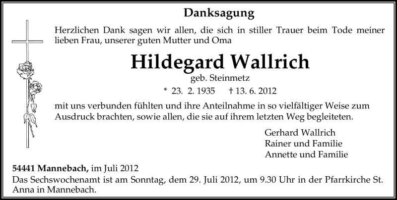  Traueranzeige für Hildegard Wallrich vom 25.07.2012 aus TRIERISCHER VOLKSFREUND