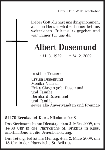 Traueranzeige von Albert Dusemund von TRIERISCHER VOLKSFREUND