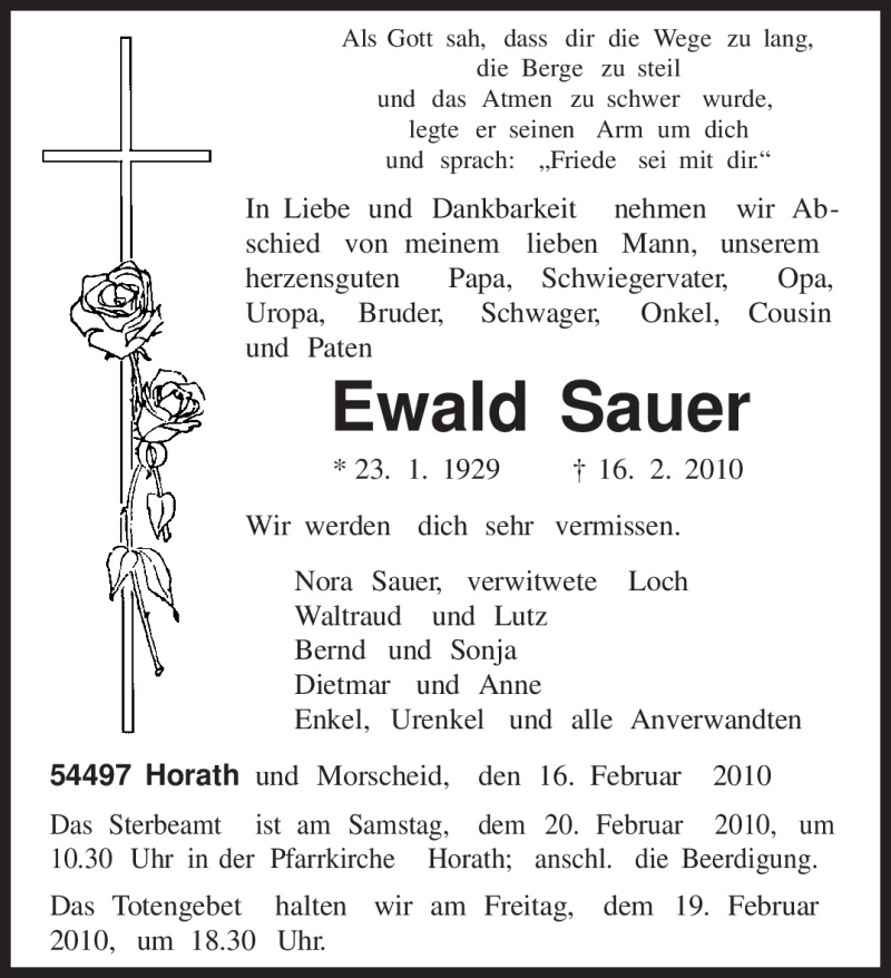  Traueranzeige für Ewald Sauer vom 18.02.2010 aus TRIERISCHER VOLKSFREUND