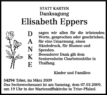 Traueranzeige von Elisabeth Eppers von TRIERISCHER VOLKSFREUND