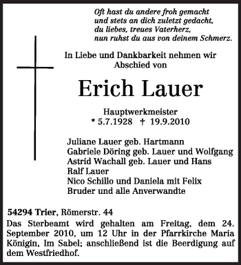 Traueranzeige von Erich Lauer von TRIERISCHER VOLKSFREUND