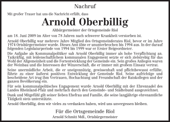 Traueranzeige von Arnold Oberbillig von TRIERISCHER VOLKSFREUND