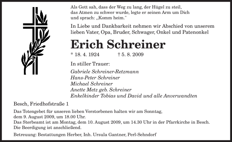  Traueranzeige für Erich Schreiner vom 06.08.2009 aus TRIERISCHER VOLKSFREUND