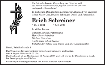 Traueranzeige von Erich Schreiner von TRIERISCHER VOLKSFREUND