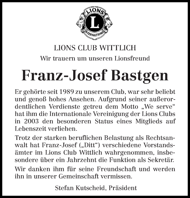  Traueranzeige für Franz-Josef Bastgen vom 10.04.2015 aus trierischer_volksfreund