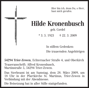 Traueranzeige von Hilde Kronenbusch von TRIERISCHER VOLKSFREUND