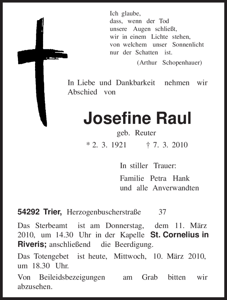  Traueranzeige für Josefine Raul vom 10.03.2010 aus TRIERISCHER VOLKSFREUND