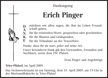 Traueranzeige von Erich Pinger von TRIERISCHER VOLKSFREUND