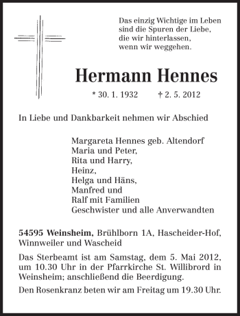 Traueranzeige von Hermann Hennes von TRIERISCHER VOLKSFREUND