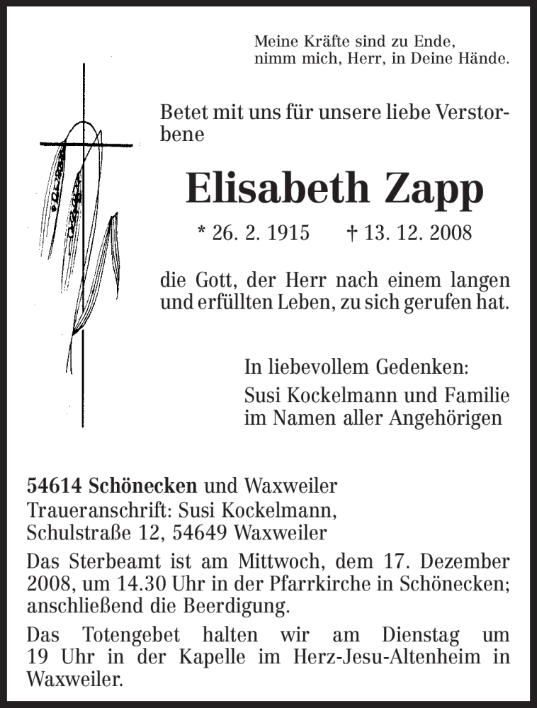  Traueranzeige für Elisabeth Zapp vom 15.12.2008 aus TRIERISCHER VOLKSFREUND