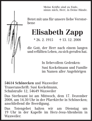 Traueranzeige von Elisabeth Zapp von TRIERISCHER VOLKSFREUND