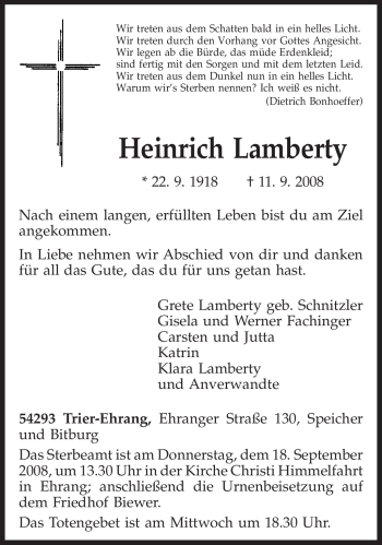 Traueranzeige von Heinrich Lamberty von TRIERISCHER VOLKSFREUND