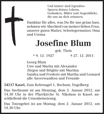 Traueranzeige von Josefine Blum von TRIERISCHER VOLKSFREUND