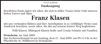 Traueranzeige von Franz Klasen von TRIERISCHER VOLKSFREUND