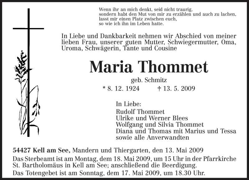  Traueranzeige für Maria Thommet vom 15.05.2009 aus TRIERISCHER VOLKSFREUND