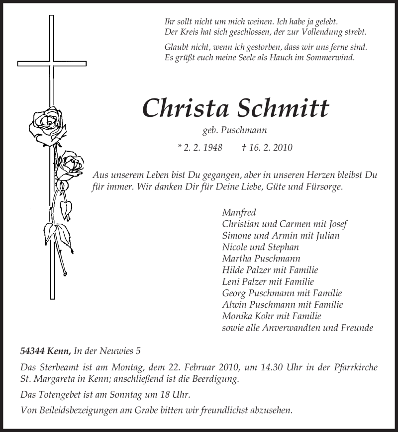  Traueranzeige für Christa Schmitt vom 18.02.2010 aus TRIERISCHER VOLKSFREUND