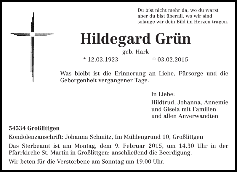  Traueranzeige für Hildegard Grün vom 07.02.2015 aus trierischer_volksfreund