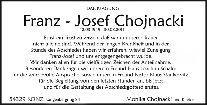  Traueranzeige für Franz-Josef Chojnacki vom 01.10.2011 aus TRIERISCHER VOLKSFREUND